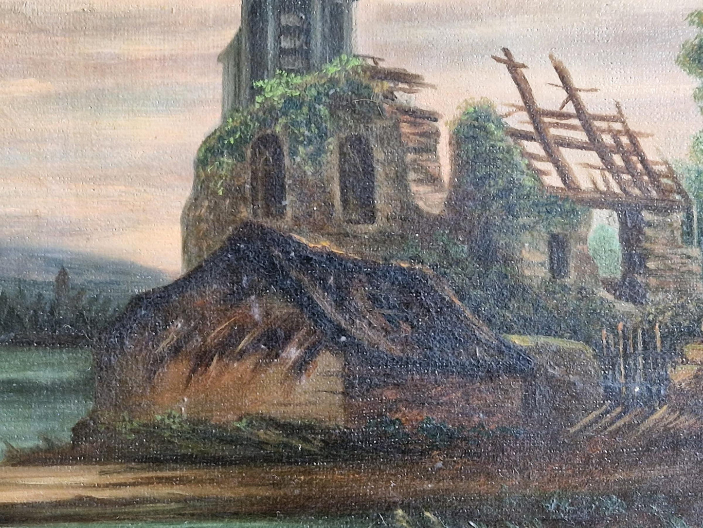 French antique oil painting Antique portrait of a country scene.