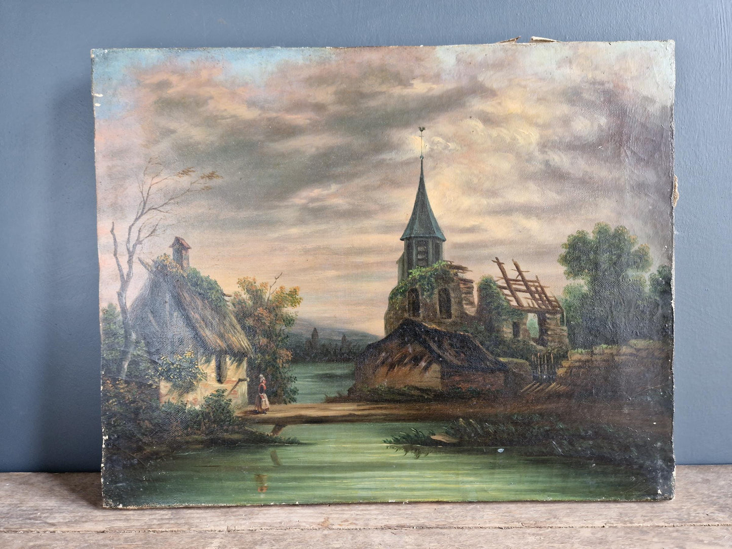 French antique oil painting Antique portrait of a country scene.
