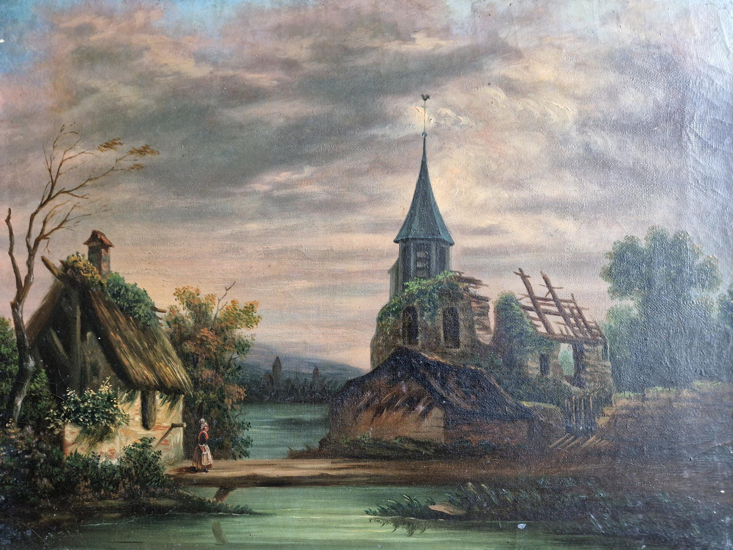 French antique oil painting Antique portrait of a country scene.