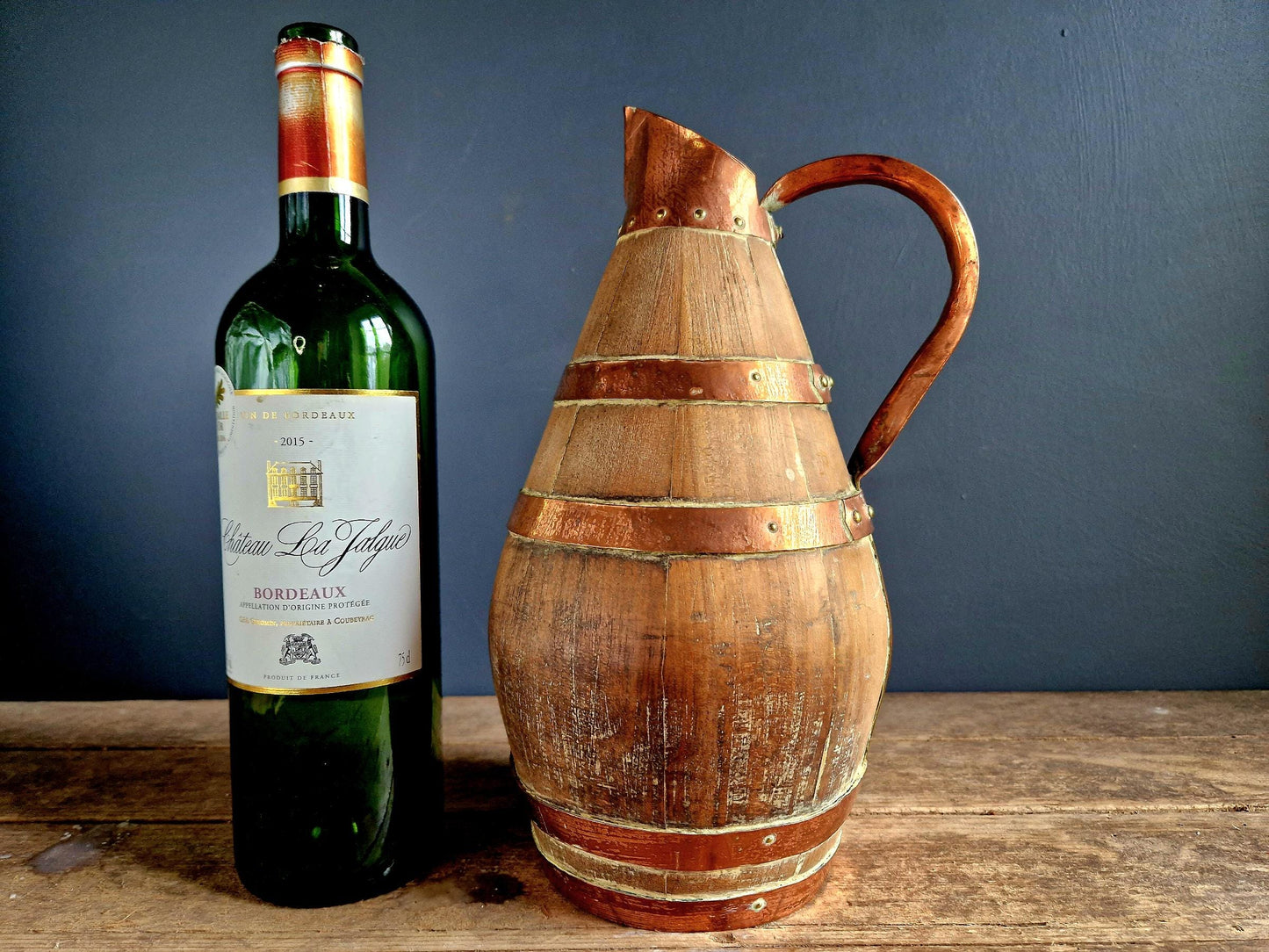 Wooden cider pitcher. French vintage wooden cider jug.