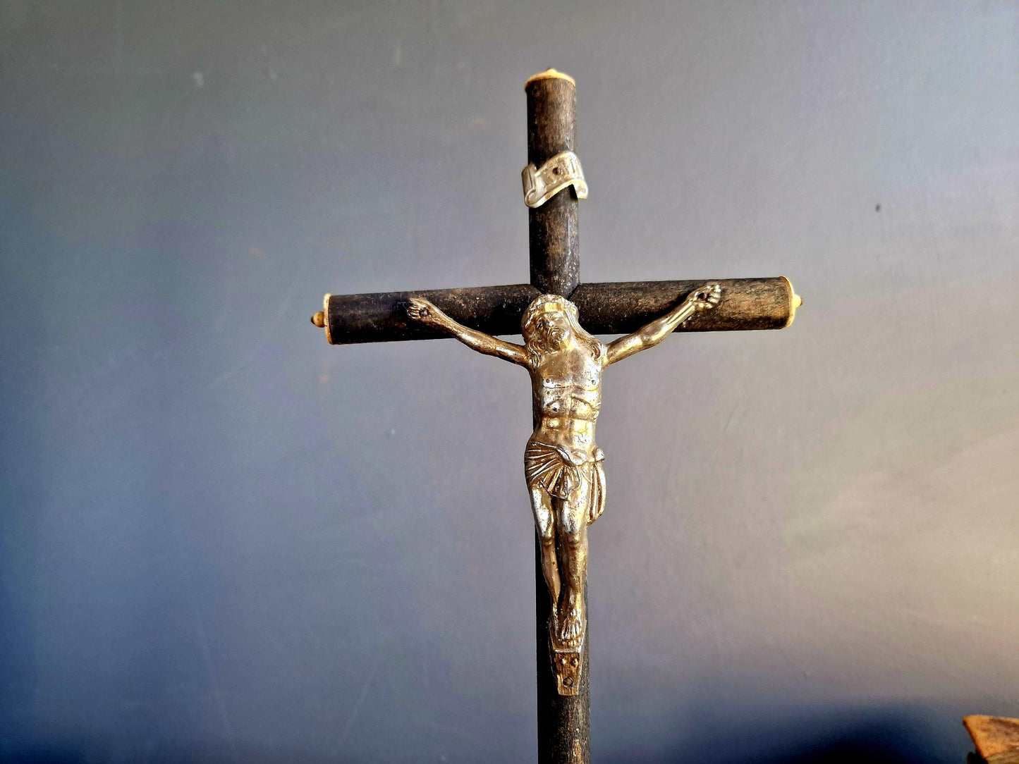 Antique crucifix French black wooden Napoleon III crucifix.
