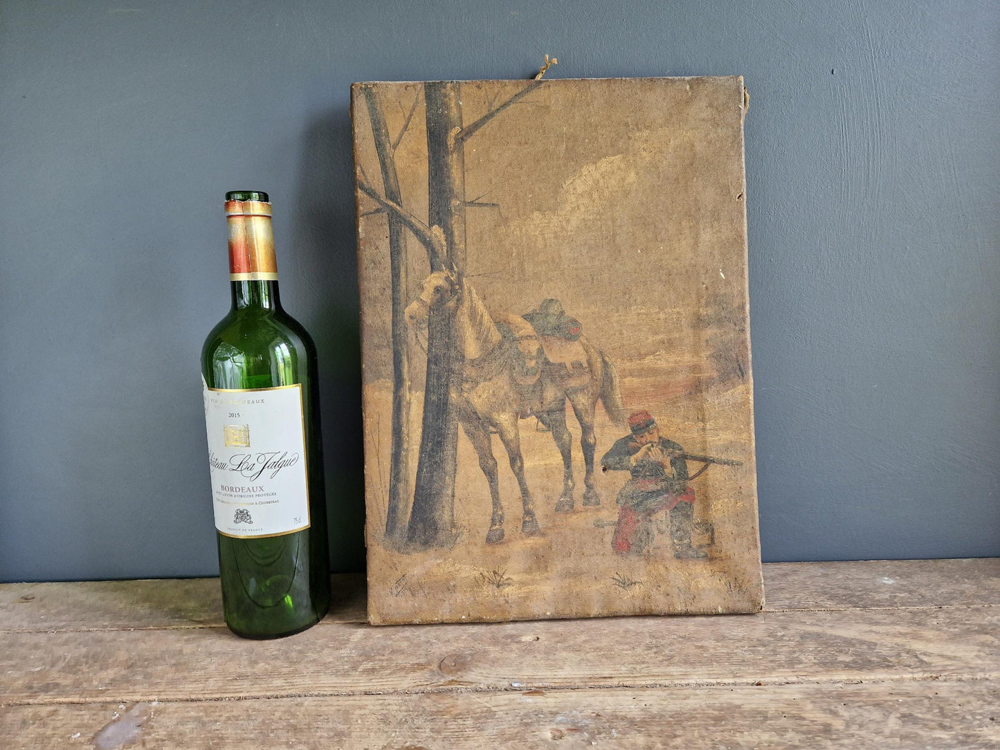Antique oil painting of soldier and horse French oil painting.