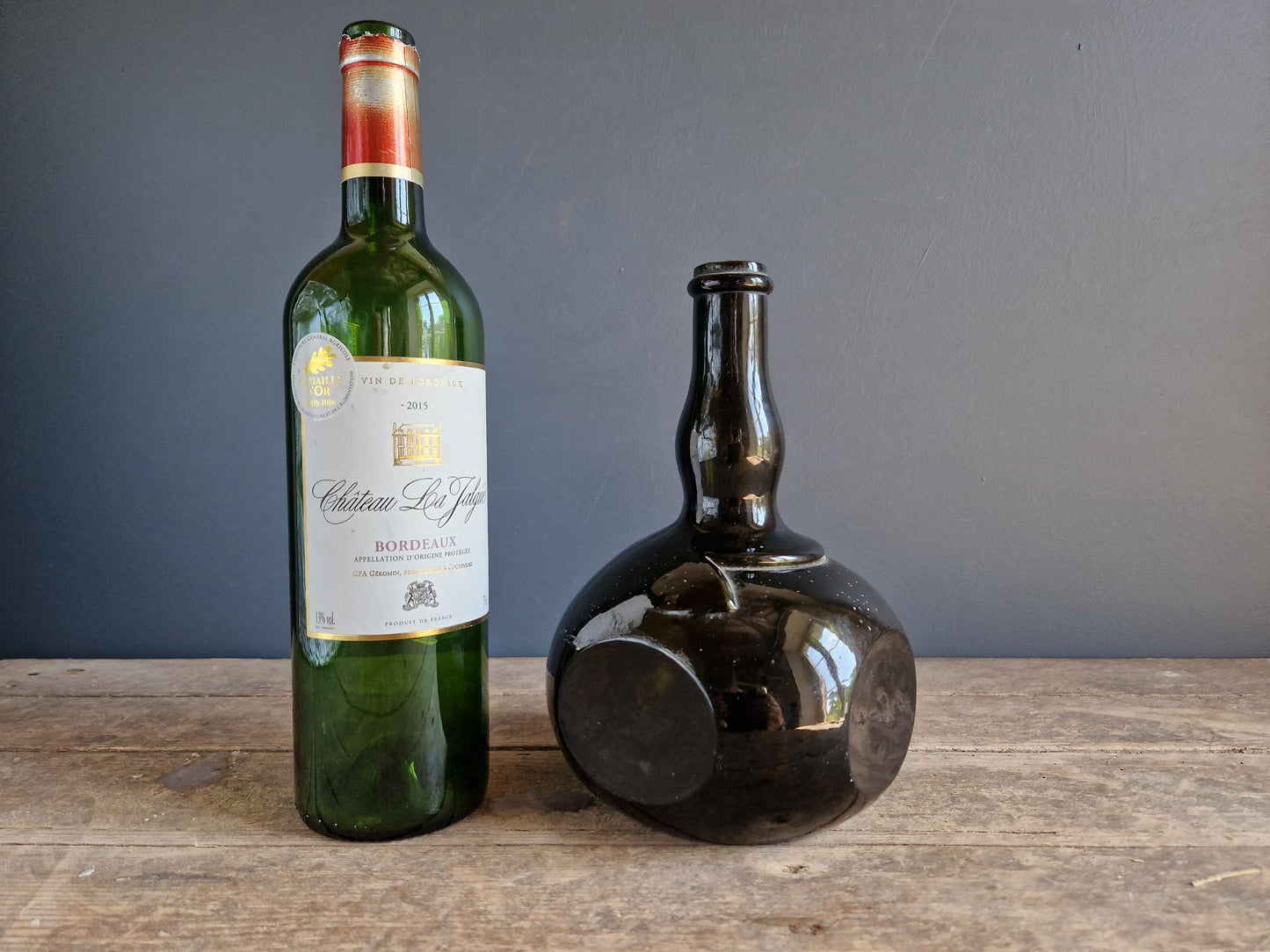 French antique mold blown glass licquer bottle French country bottle.