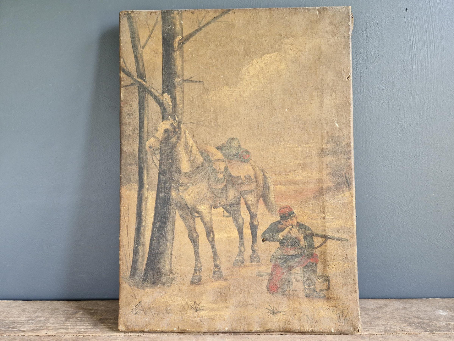 Antique oil painting of soldier and horse French oil painting.