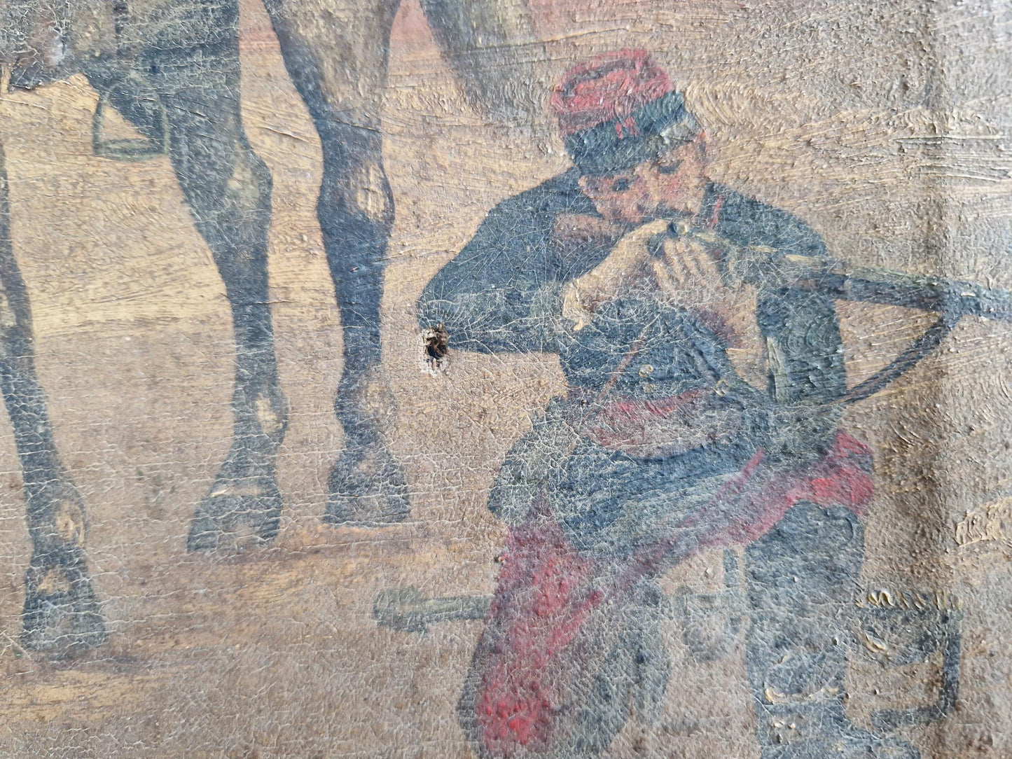 Antique oil painting of soldier and horse French oil painting.