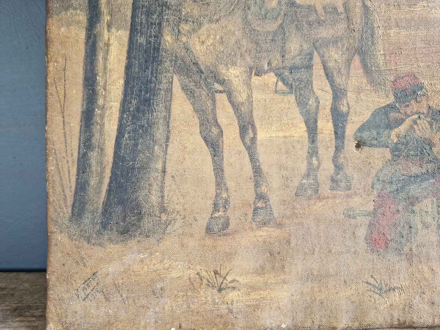 Antique oil painting of soldier and horse French oil painting.