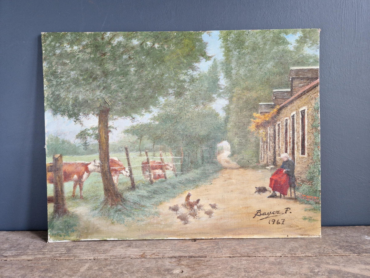 French original oil on board painting showing a country scene.