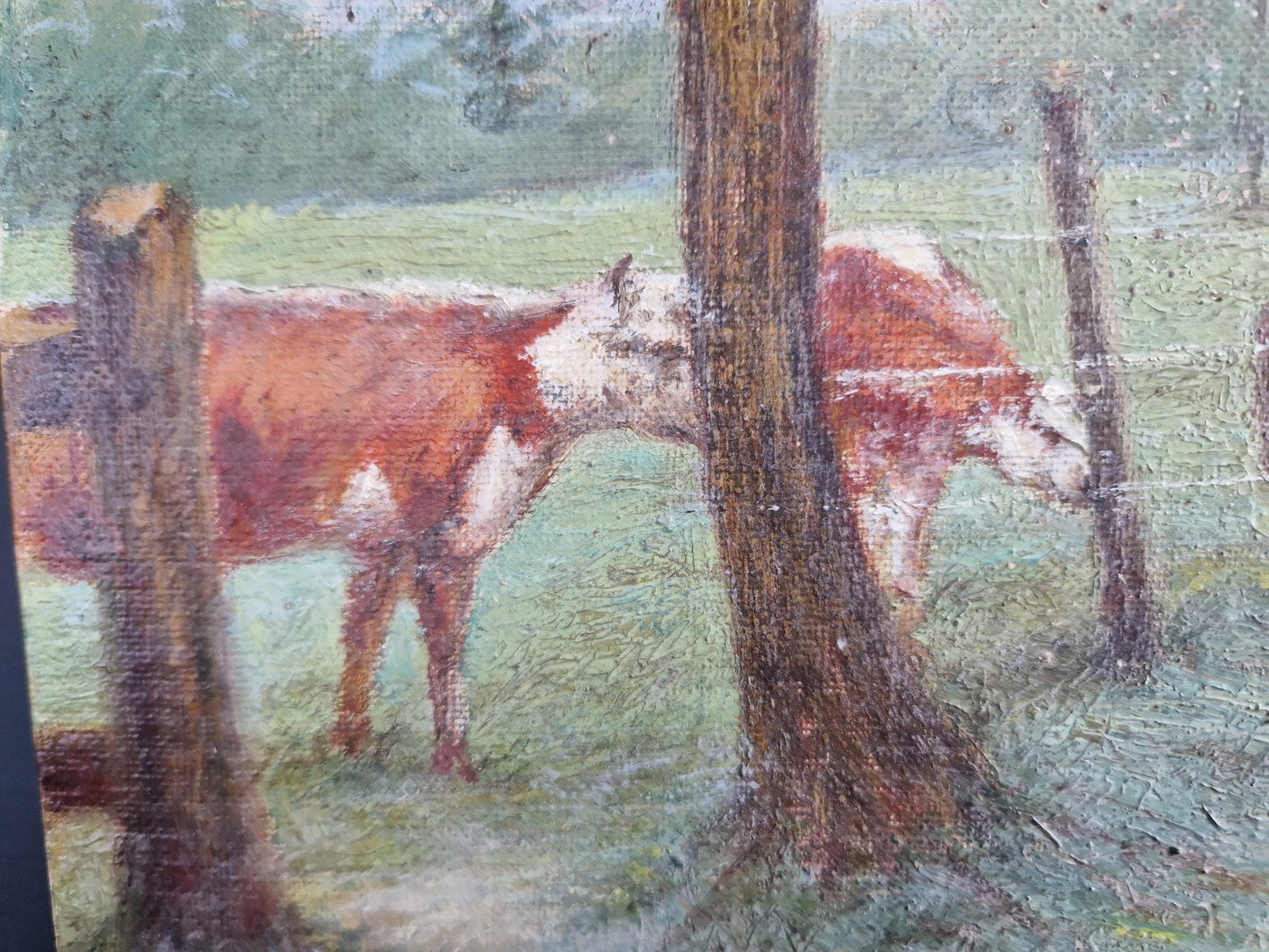 French original oil on board painting showing a country scene.