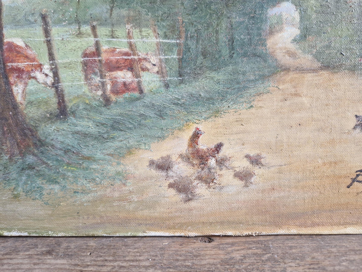 French original oil on board painting showing a country scene.