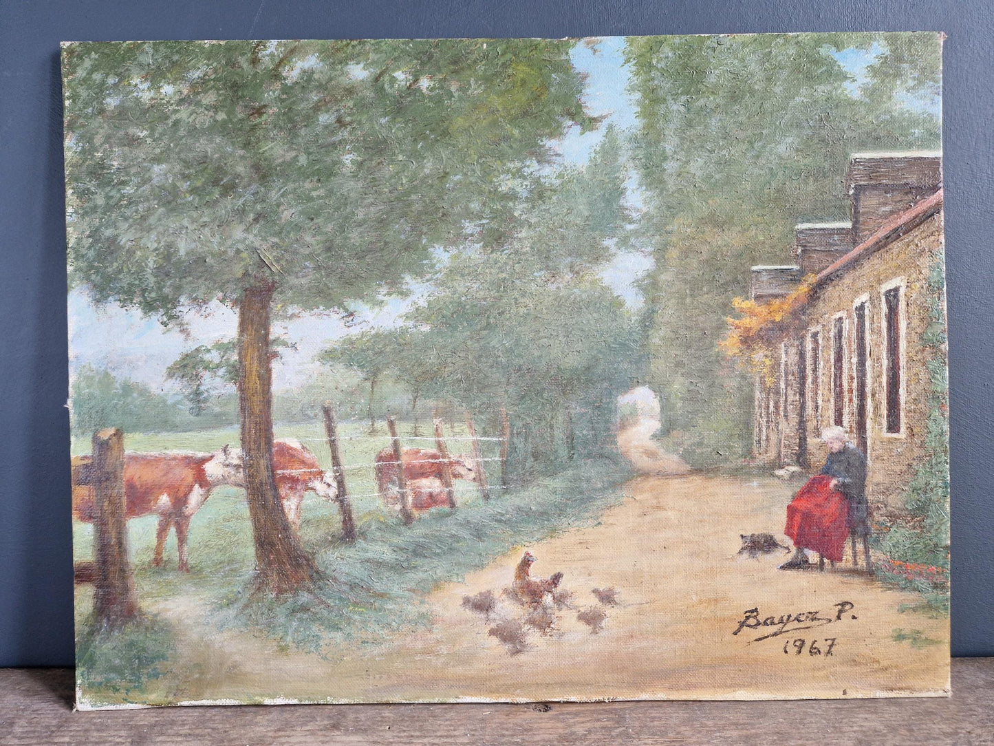 French original oil on board painting showing a country scene.