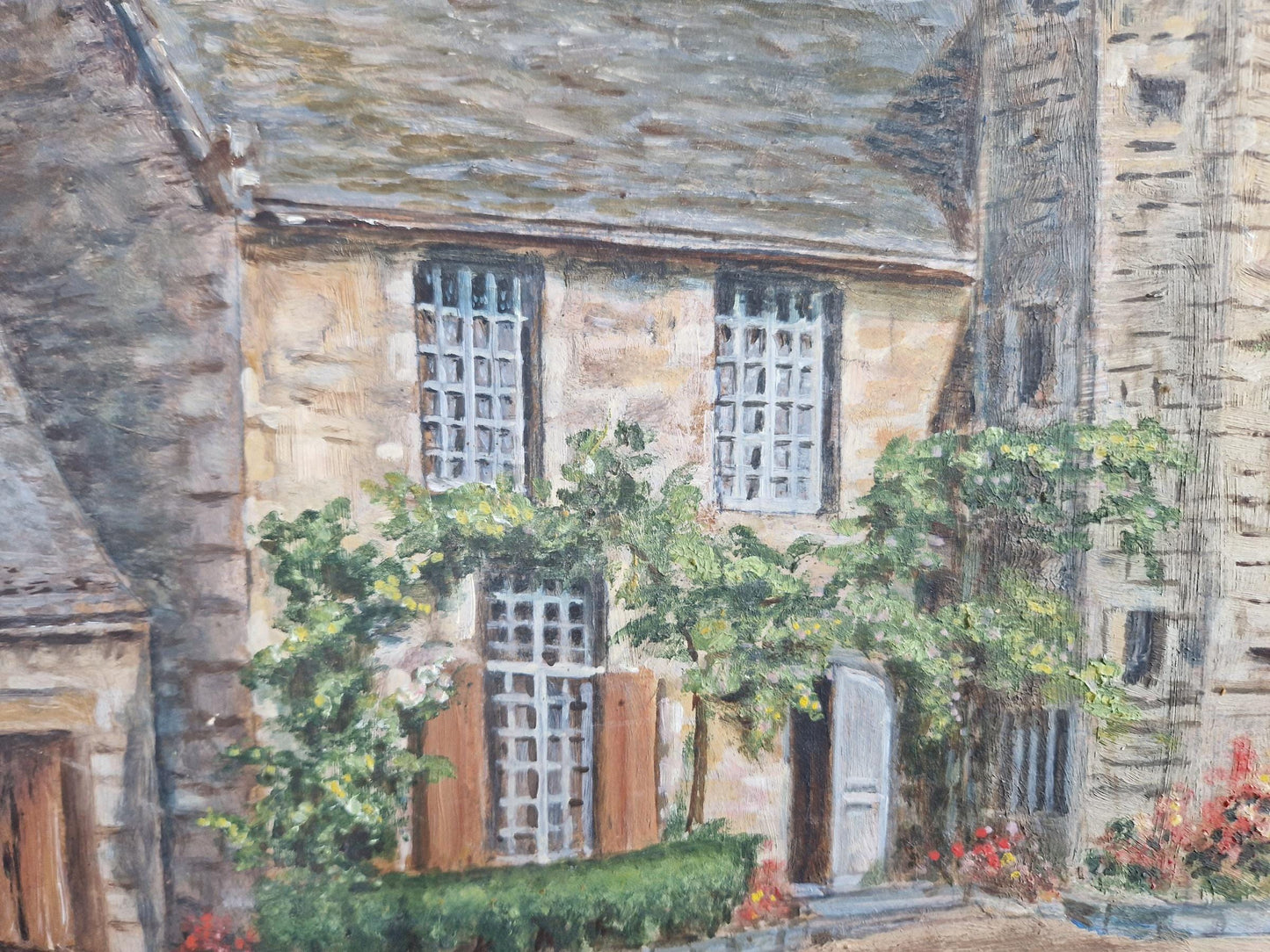 French original oil on board painting showing a country house.