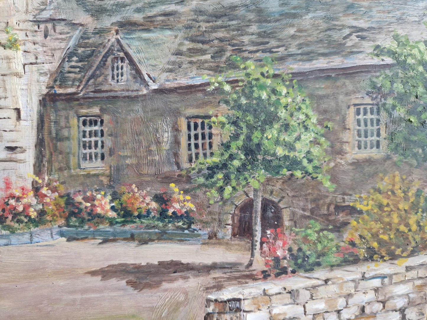 French original oil on board painting showing a country house.