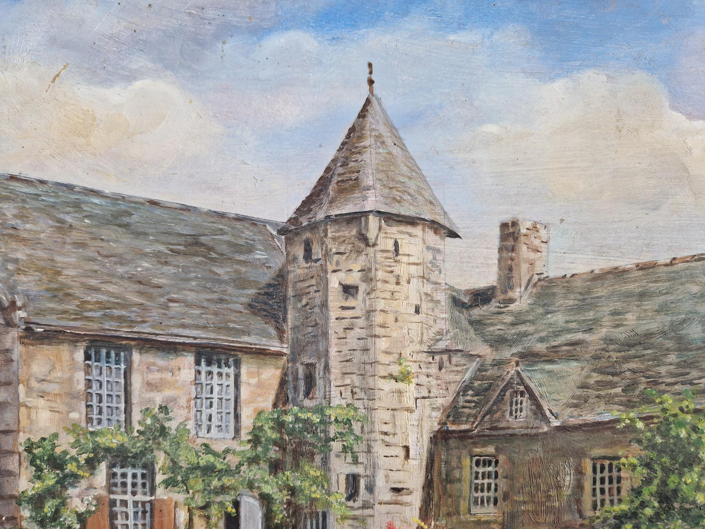 French original oil on board painting showing a country house.