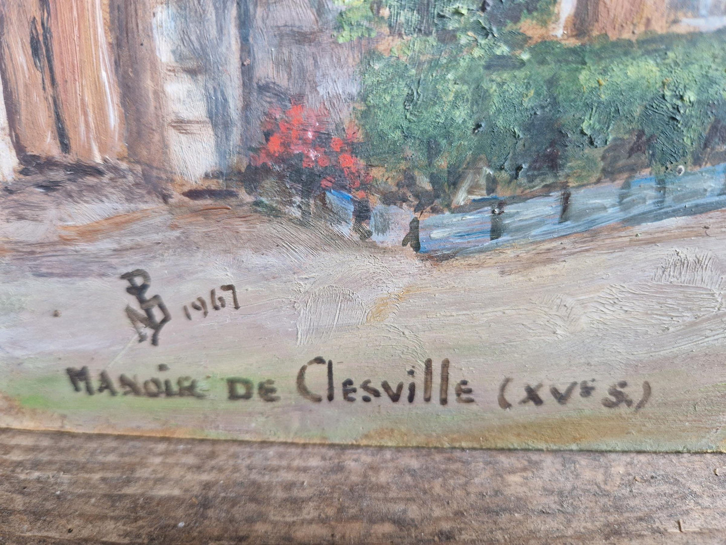 French original oil on board painting showing a country house.