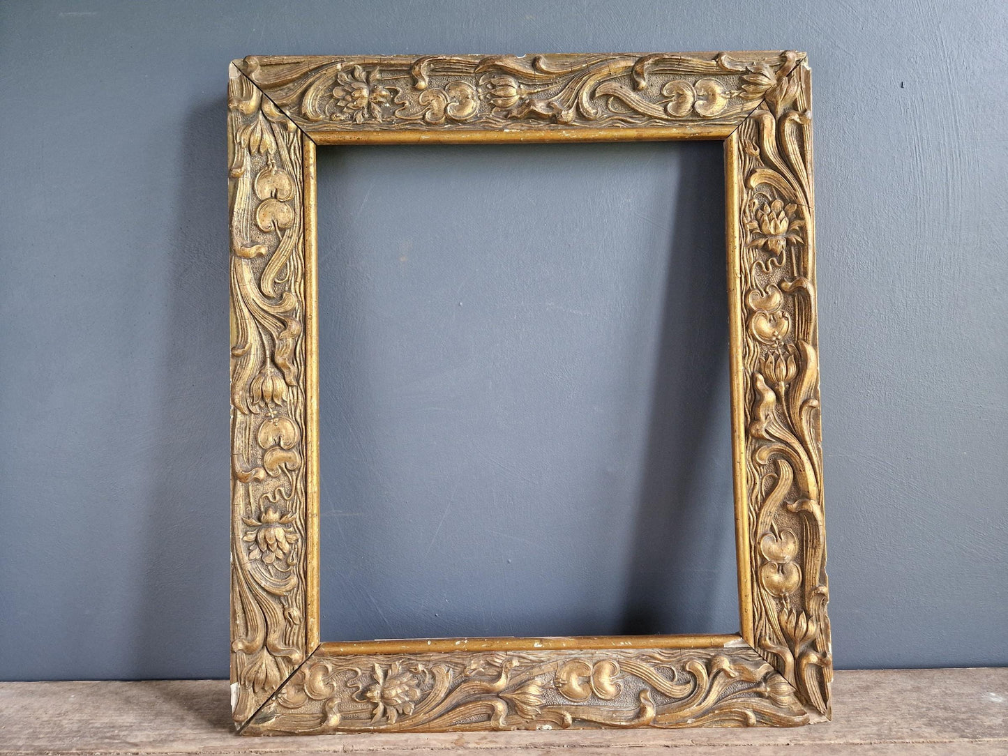 French antique picture frame. French Art Nouveau gilt wood picture frame.