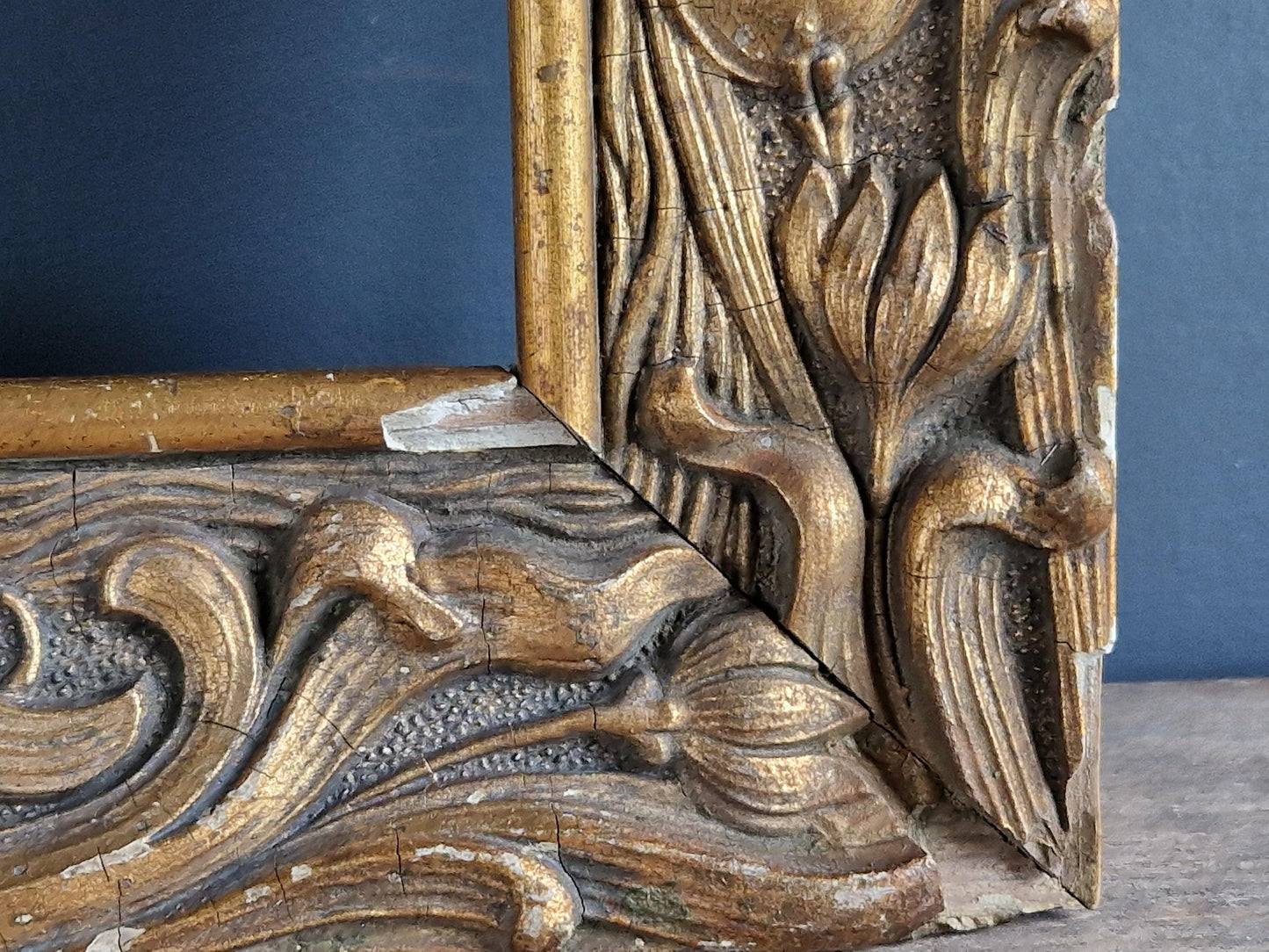 French antique picture frame. French Art Nouveau gilt wood picture frame.