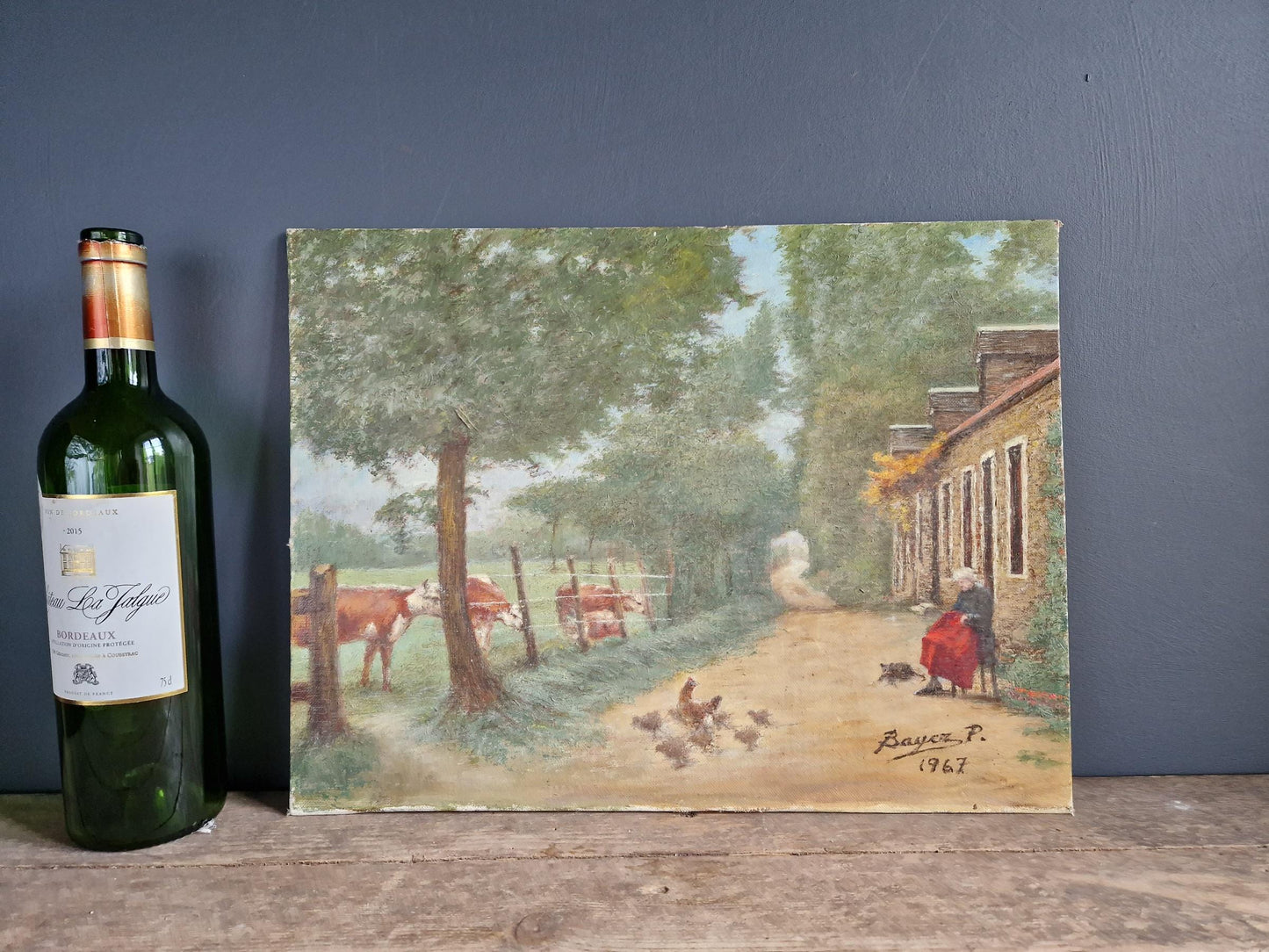 French original oil on board painting showing a country scene.
