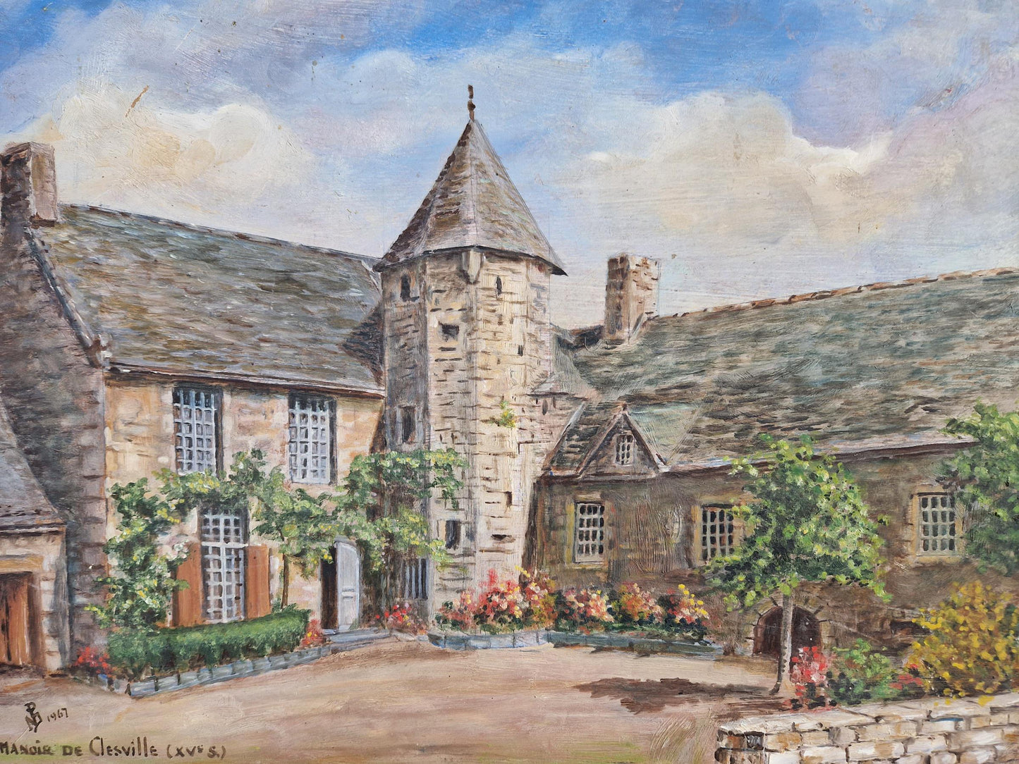 French original oil on board painting showing a country house.
