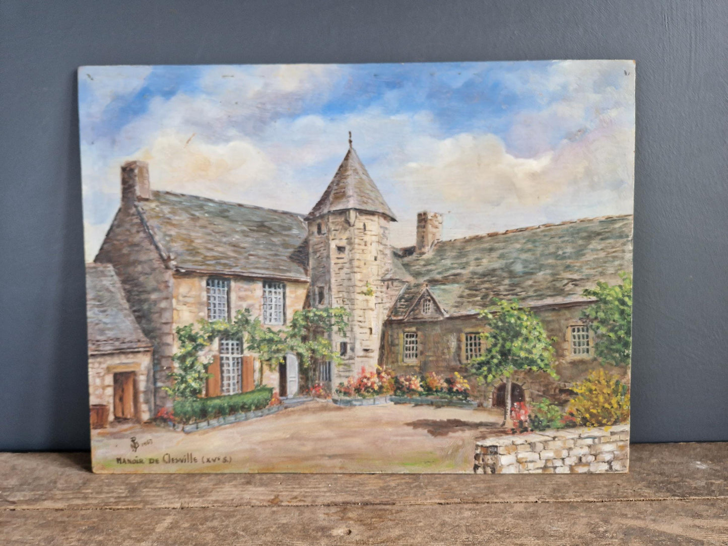French original oil on board painting showing a country house.