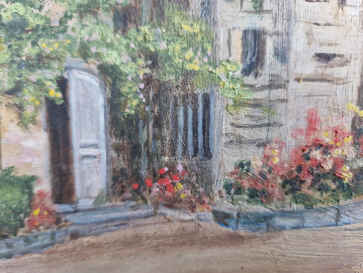 French original oil on board painting showing a country house.