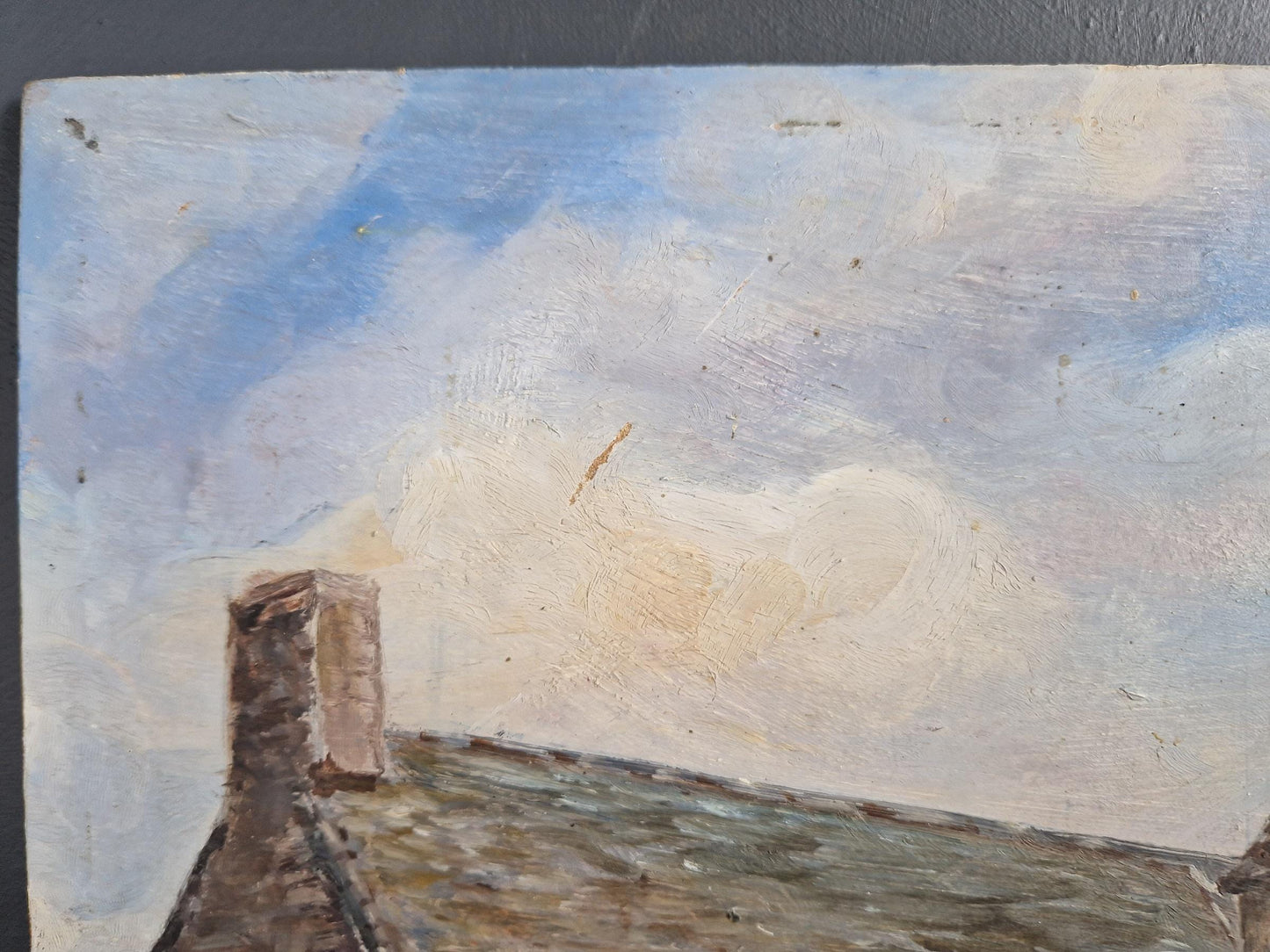 French original oil on board painting showing a country house.