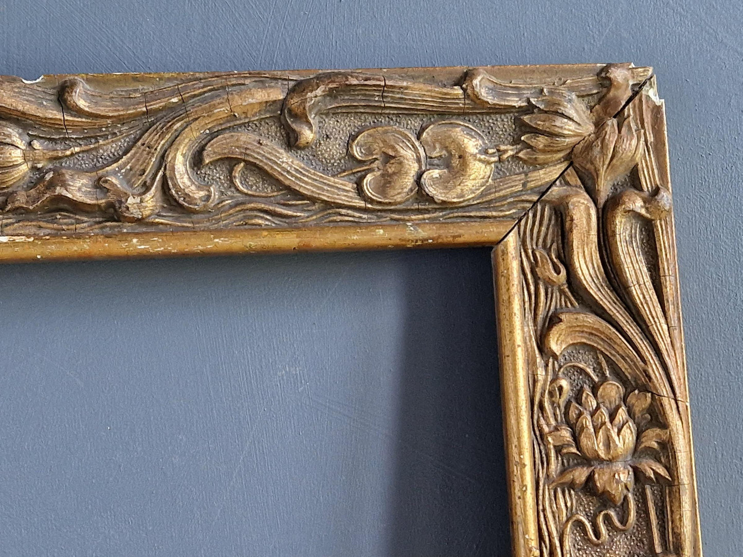 French antique picture frame. French Art Nouveau gilt wood picture frame.