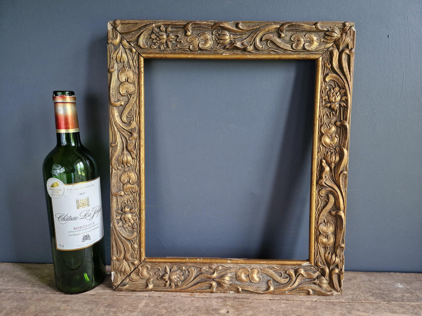 French antique picture frame. French Art Nouveau gilt wood picture frame.