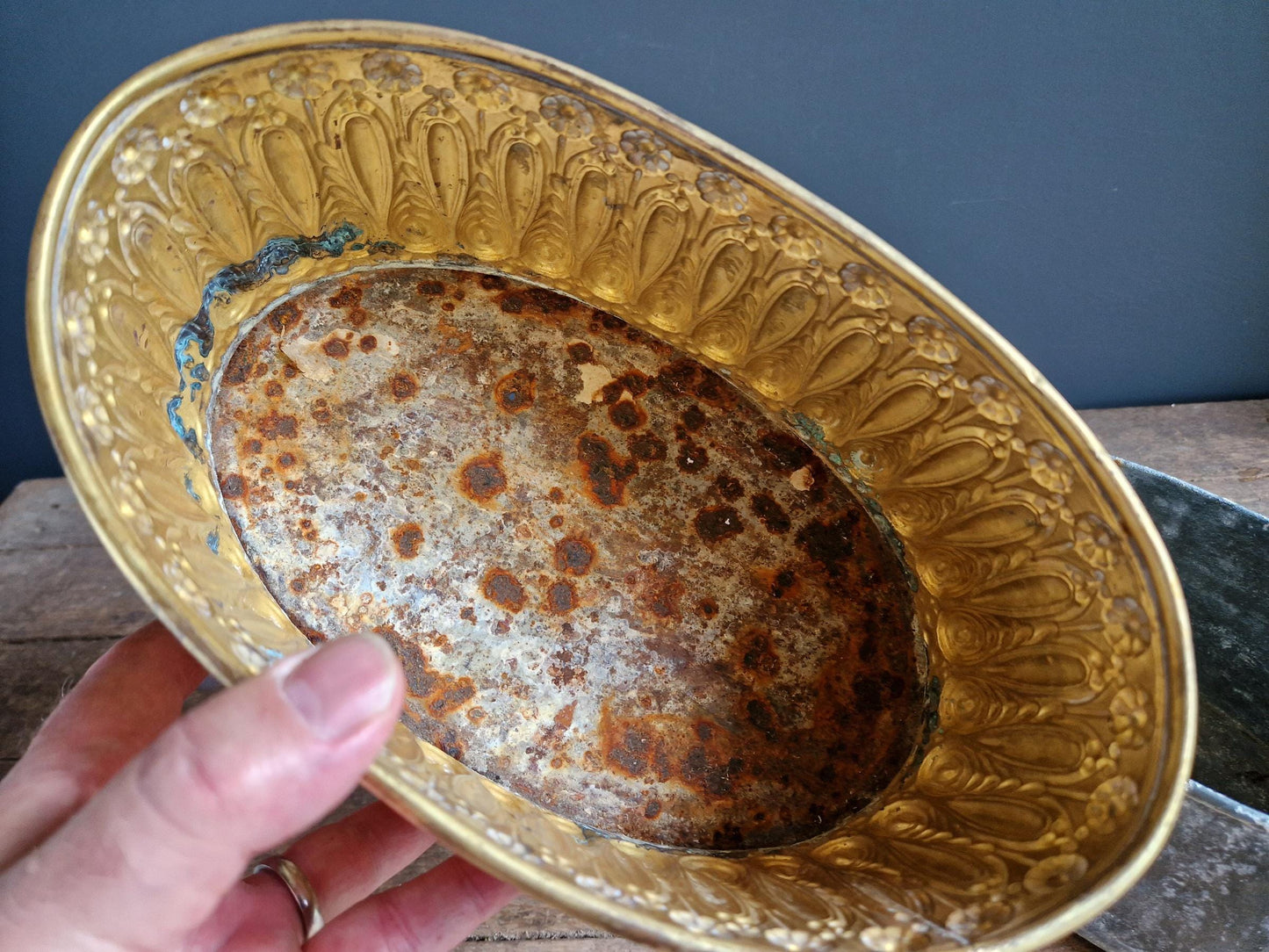 Antique French Brass Jardiniere: Repousse Planter.