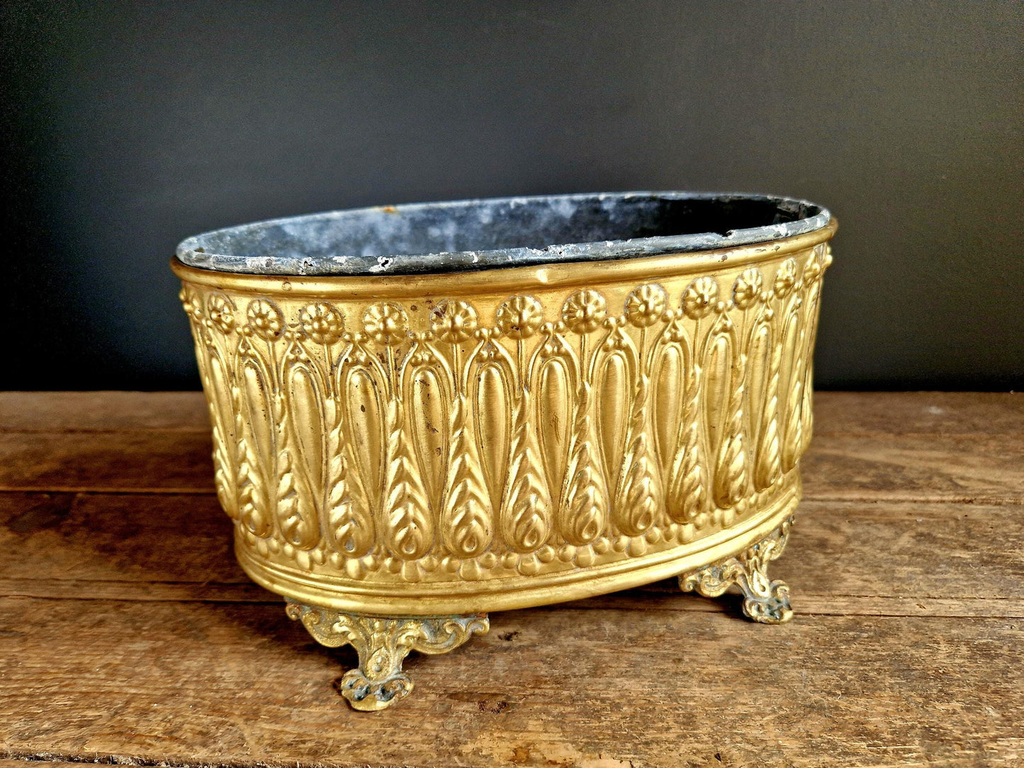Antique French Brass Jardiniere: Repousse Planter.