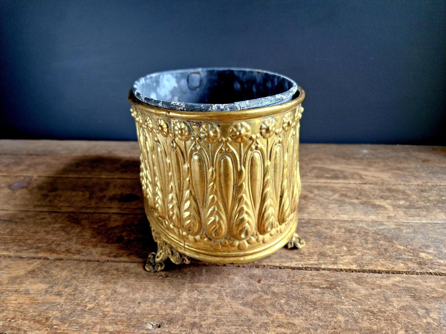 Antique French Brass Jardiniere: Repousse Planter.
