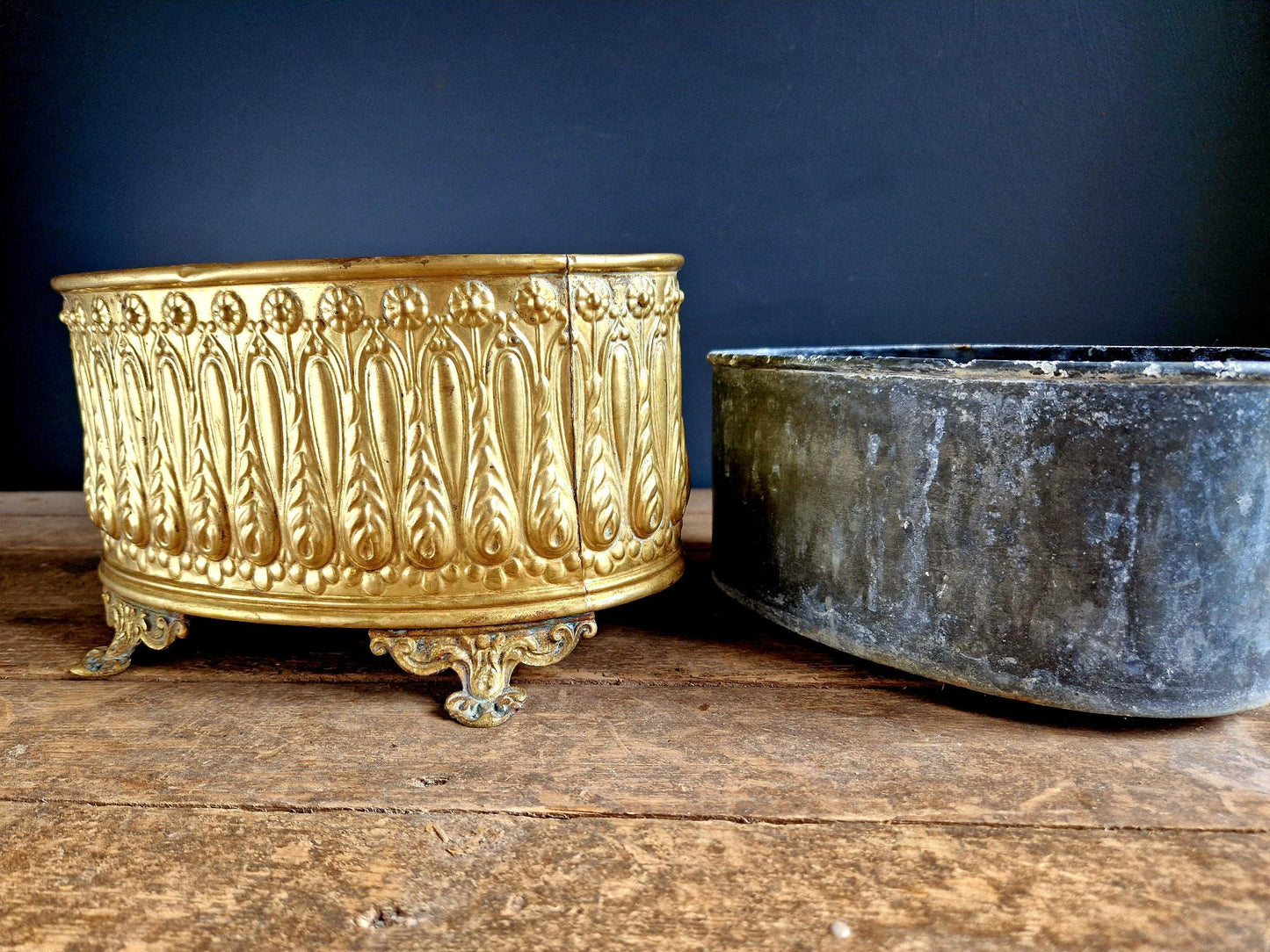 Antique French Brass Jardiniere: Repousse Planter.