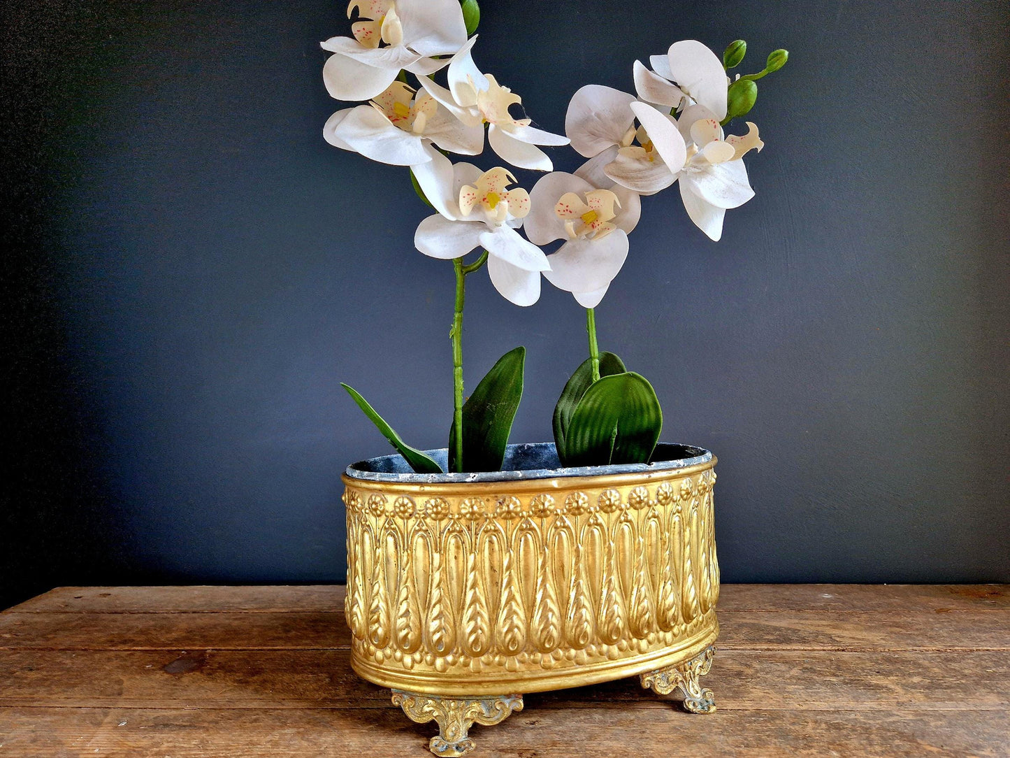 Antique French Brass Jardiniere: Repousse Planter.
