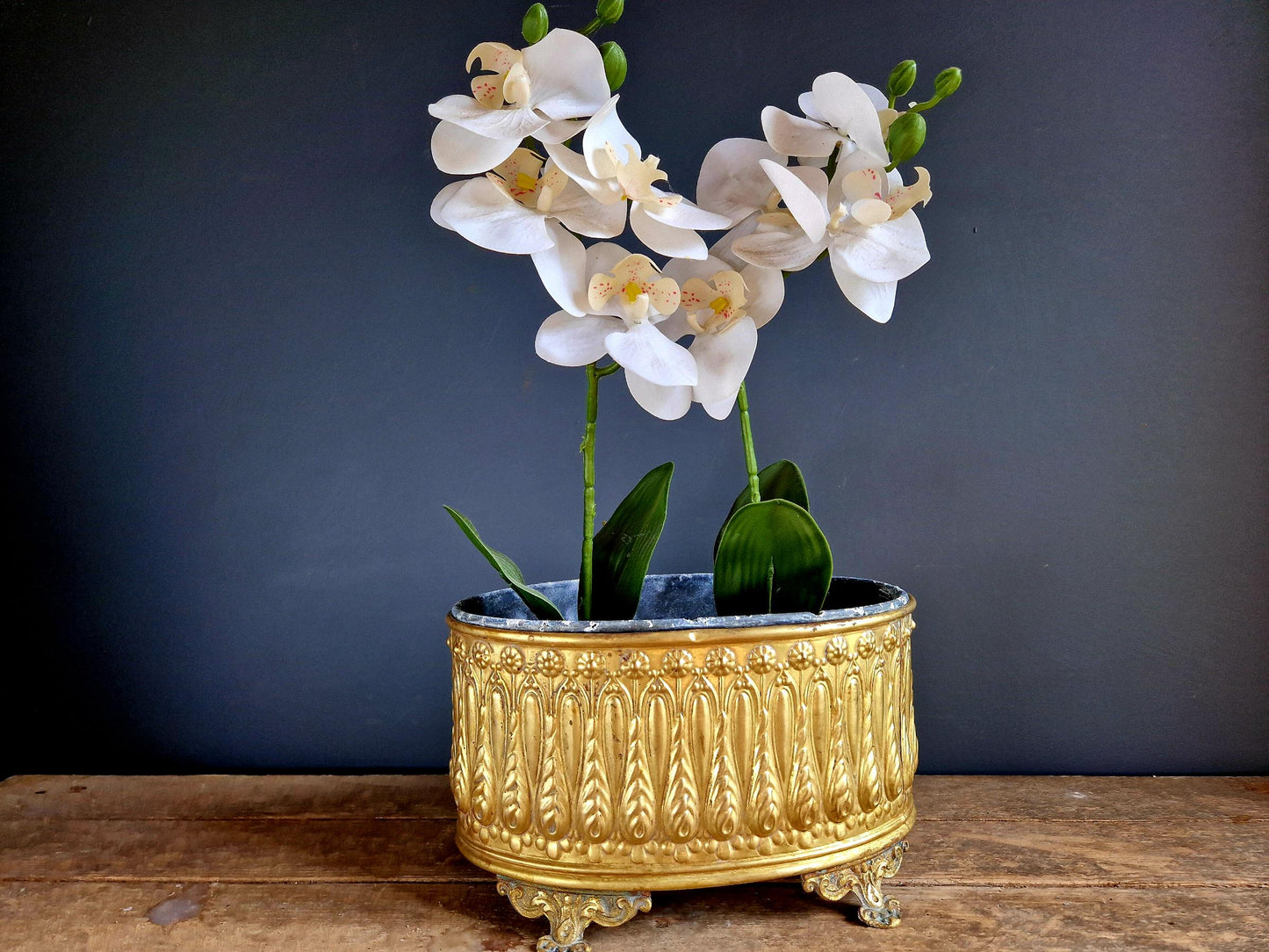Antique French Brass Jardiniere: Repousse Planter.