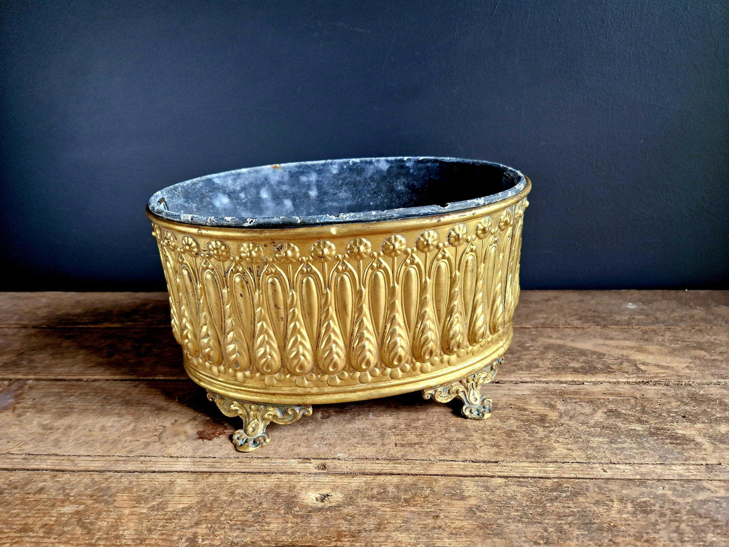 Antique French Brass Jardiniere: Repousse Planter.
