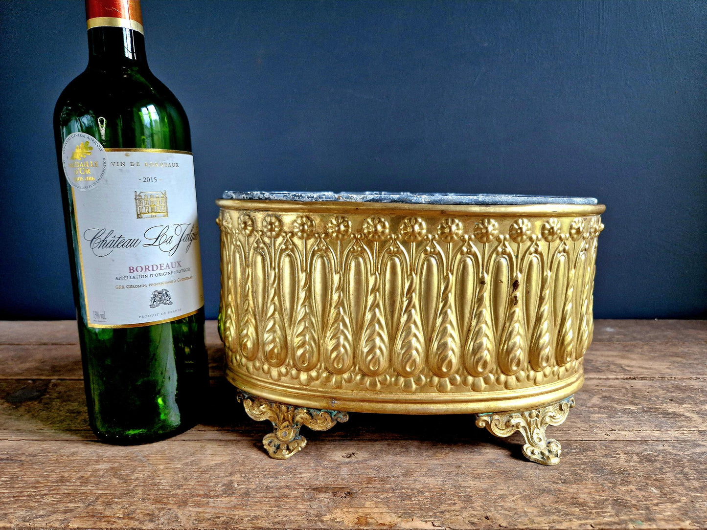 Antique French Brass Jardiniere: Repousse Planter.