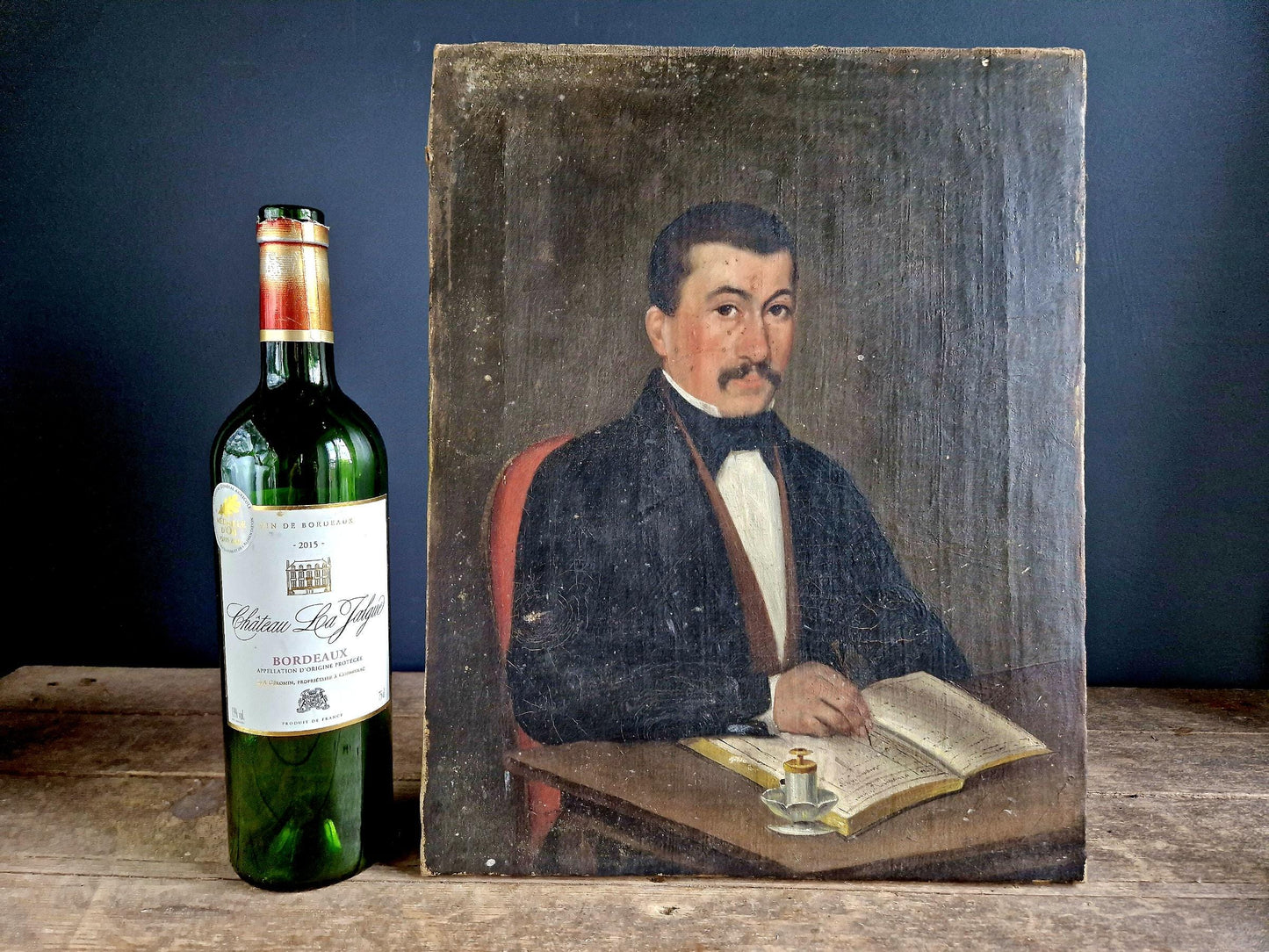 Antique oil painting. Antique portrait of Gentleman writing in his journal. 19th century portrait painting.
