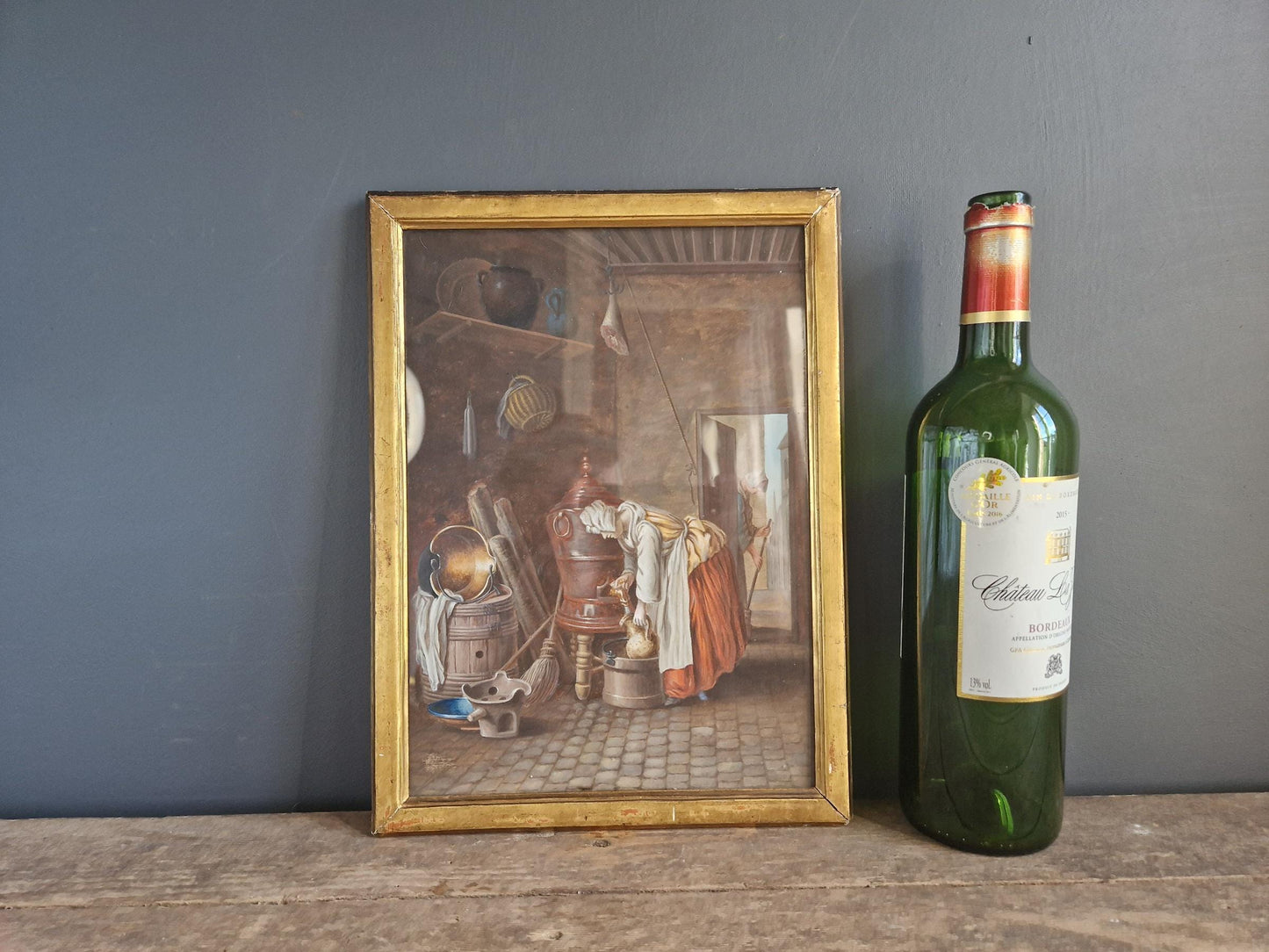 French painting in Gouache showing a rustic interior, Framed and glazed.