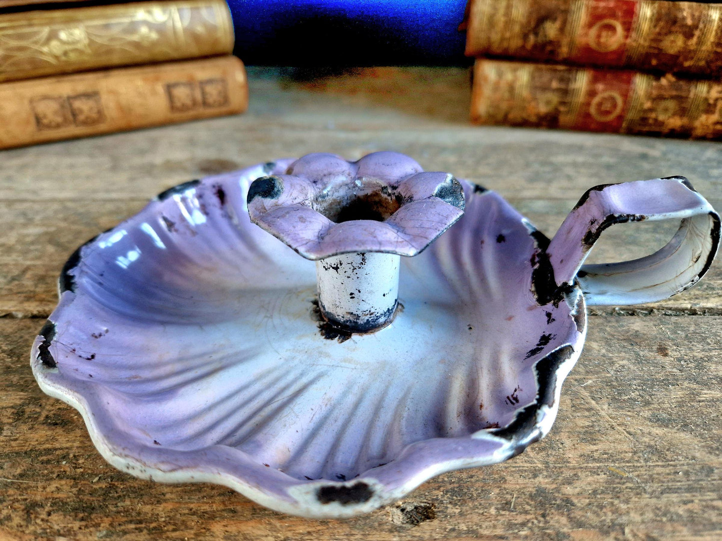French lilac coloured vintage enamel candle holder.