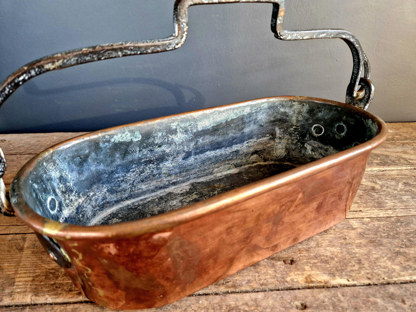 French antique copper fish kettle with dovetail joints and an iron hanging handle.