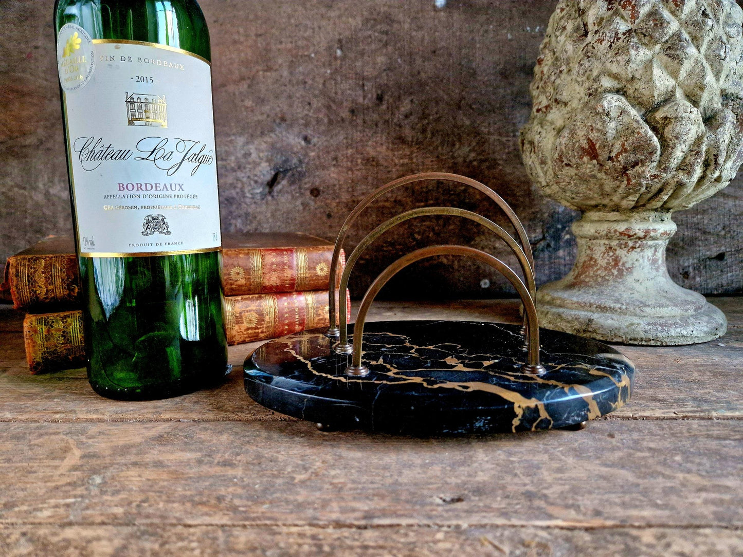 Antique letter rack with black marble base. Art Deco period letter holder.