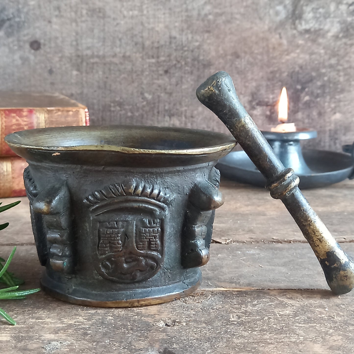 European antique bronze mortar and pestle.