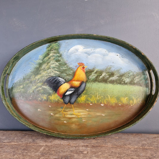 French hand painted vintage cockerel tray.
