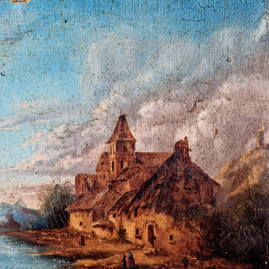 Frans antiek olieverfschilderij. Franse landschapsschilderkunst.