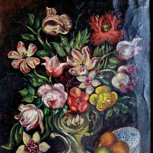 Peinture à l'huile antique française, nature morte florale sur toile.