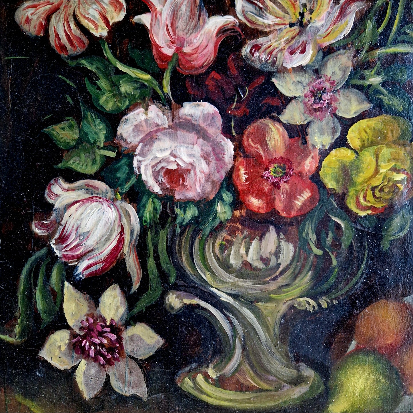 Peinture à l'huile antique française, nature morte florale sur toile.