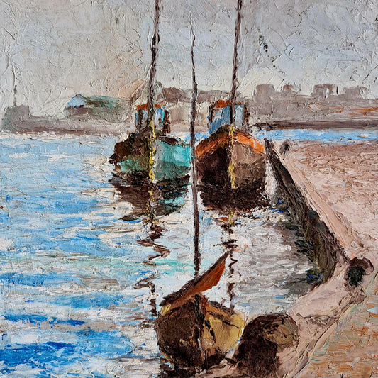 Oil painting of boats in a harbour