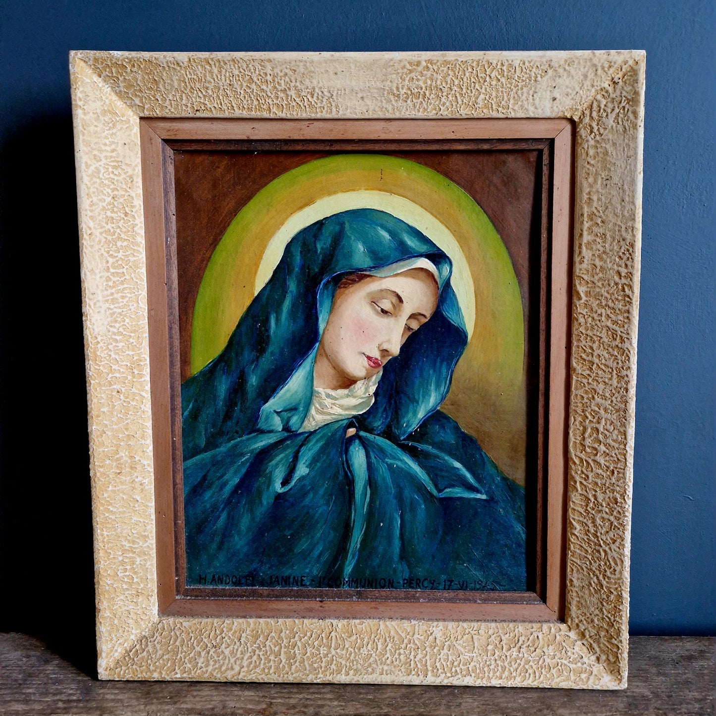 Frans vintage religieus olieverfschilderij van de Madonna.