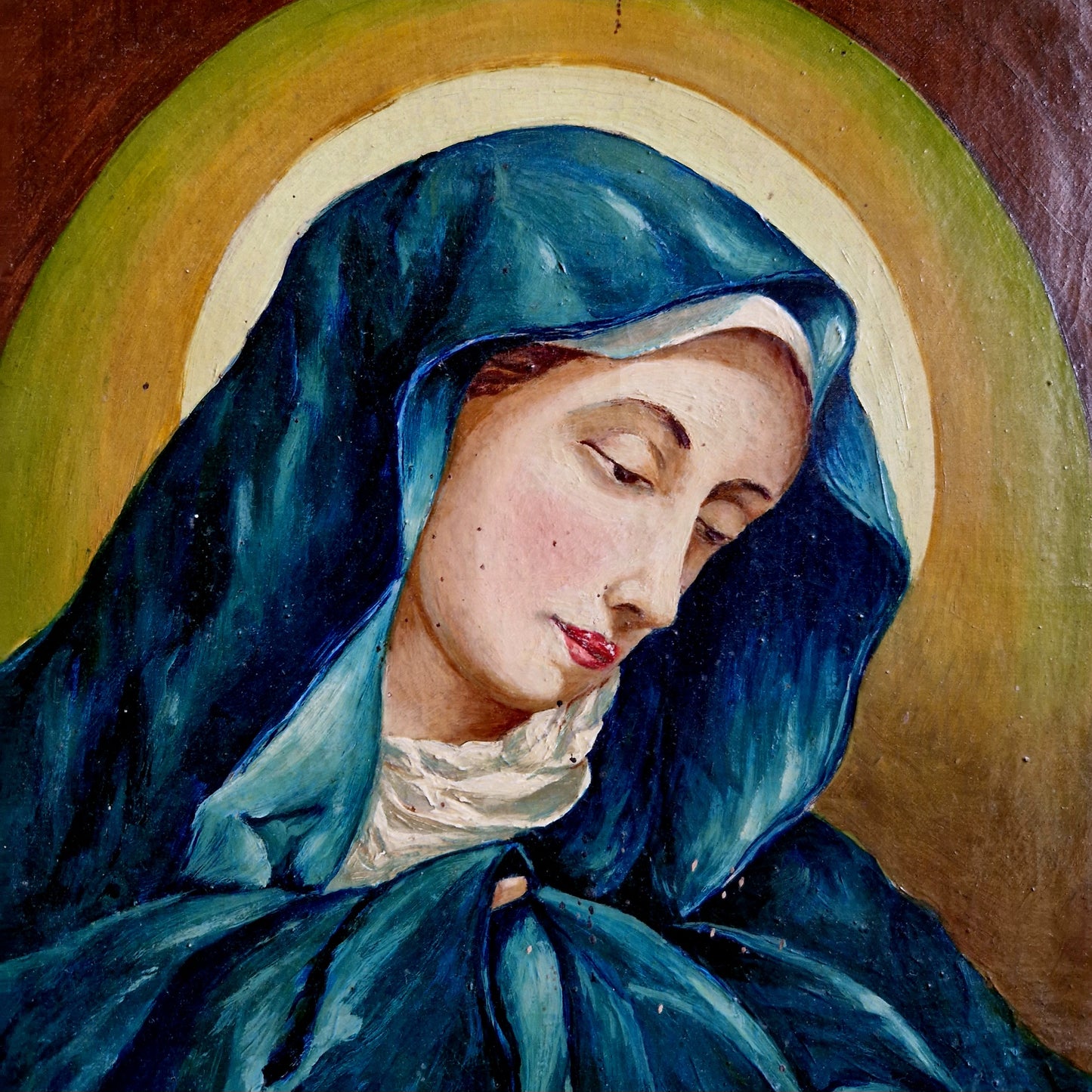 Français peinture à l’huile religieuse vintage de La Madone.