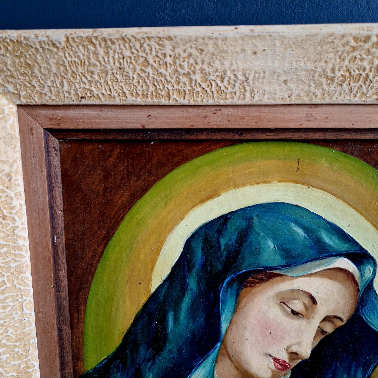 Frans vintage religieus olieverfschilderij van de Madonna.