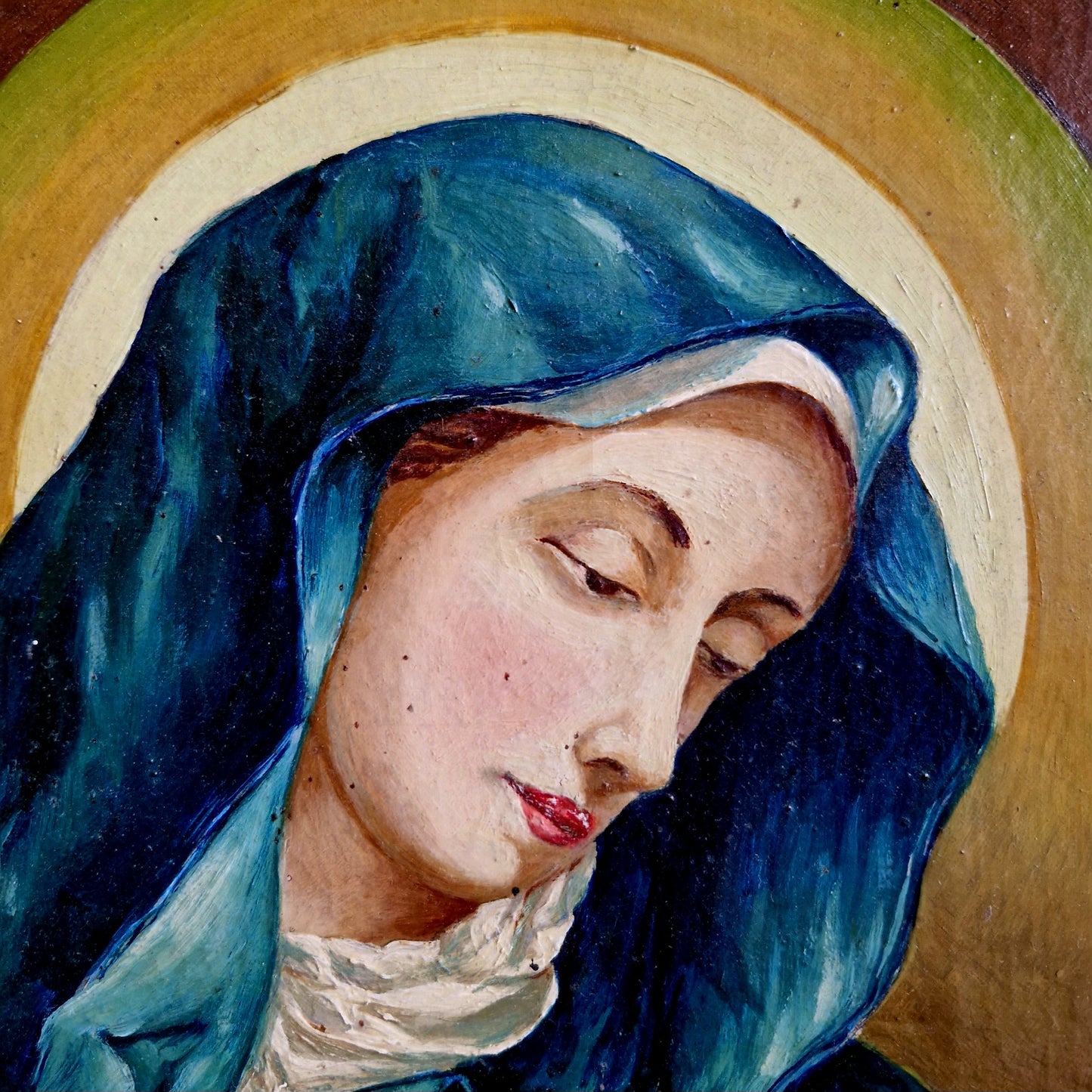 Frans vintage religieus olieverfschilderij van de Madonna.